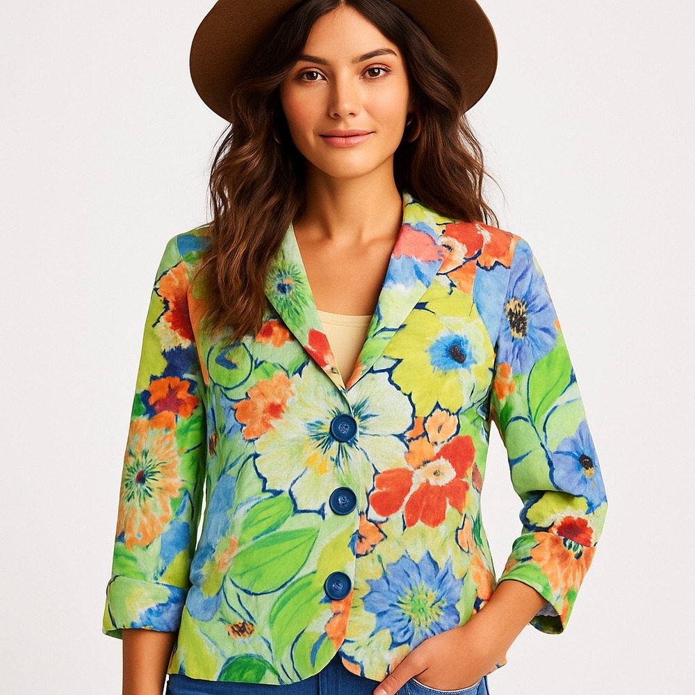 Vintage Painted Pony Jacket Womens XS Blue Floral Button V Neck Cotton USA